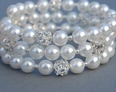 Bling Wedding Jewelry, White Pearl and Rhinestone Memory Wire Bracelet, Sparkling Pearl Cuff, Custom Colors, Wedding Jewelry