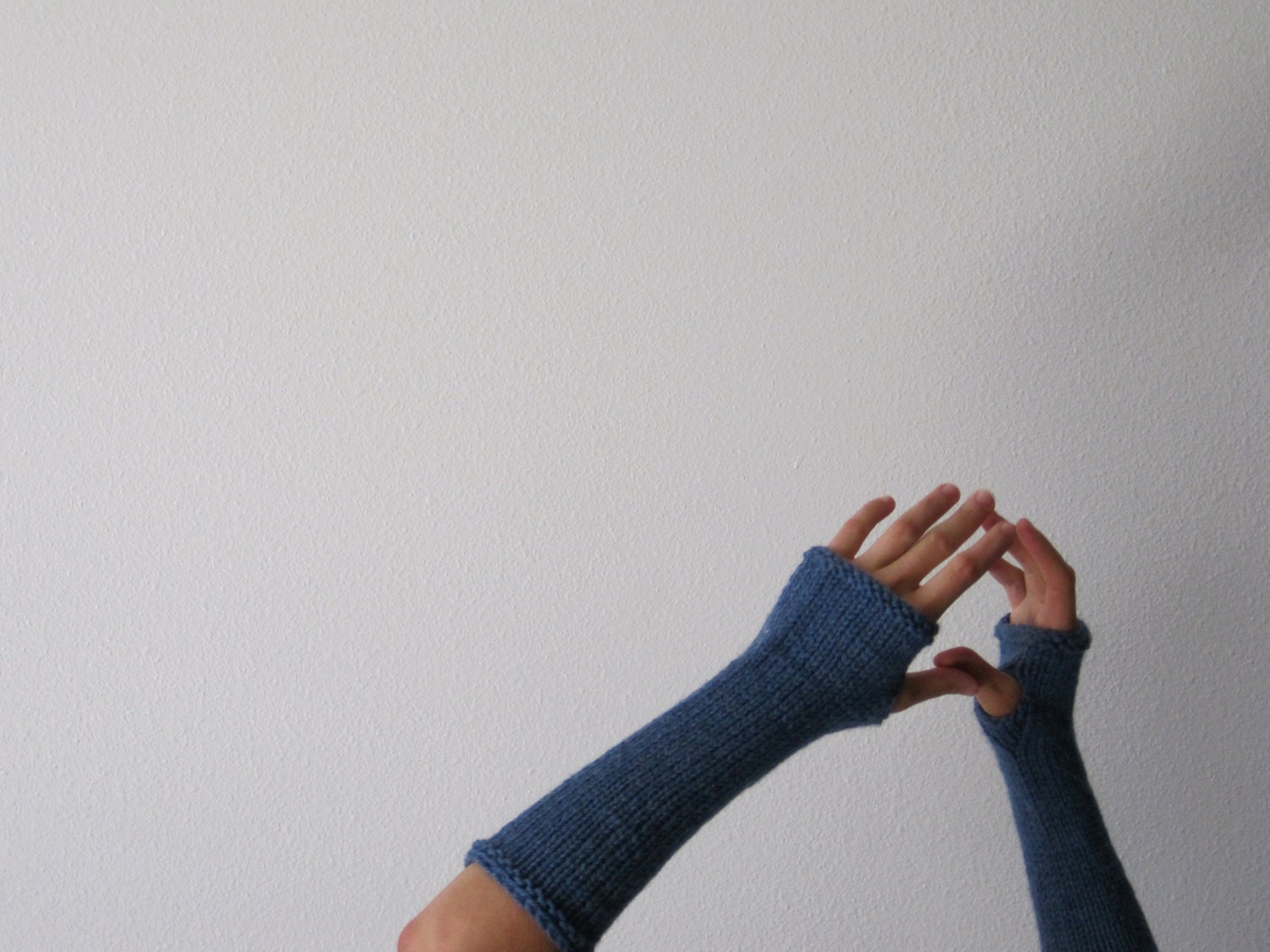 DENIM SKY Woolen Fingerless Gloves / Arm  Warmers - hand knit in pure wool in blue - women's winter accessories