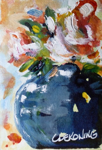 Blue Vase with flowers abstract painting 8.5x11 PRINT
