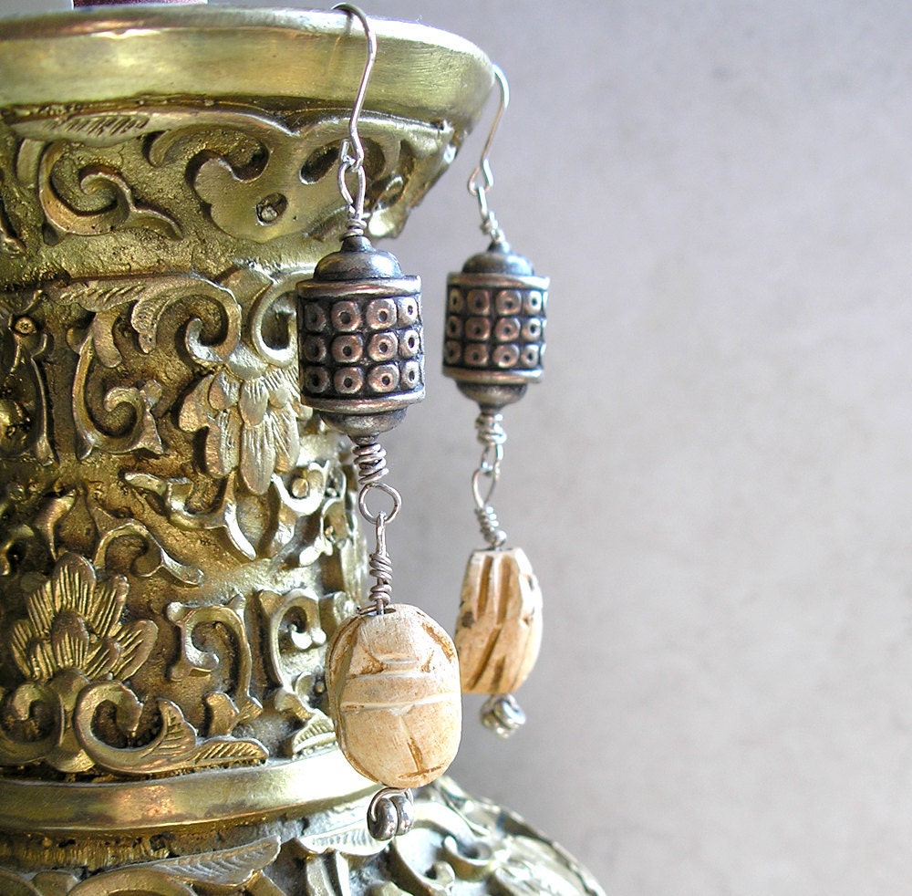 Egyptian Scarab Earrings with Silver- Ethnic Tribal Dangle Earrings Featuring Faiance Scarabs