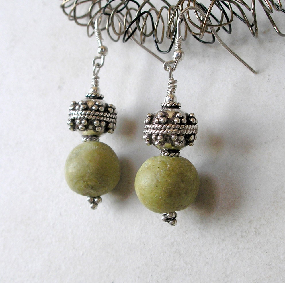 Turquoise, Sterling Silver Drop Earrings- Pale Moss Green Turquoise & Sterling Silver Dangle Earrings