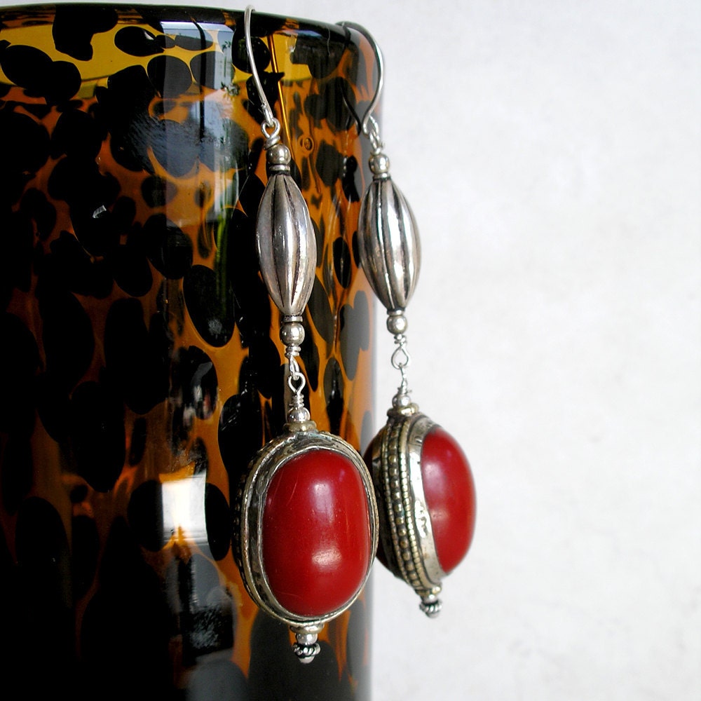 Red Tibetan Pendant Earrings w/ Sterling Silver- Red and Silver Ethnic Dangle Earrings