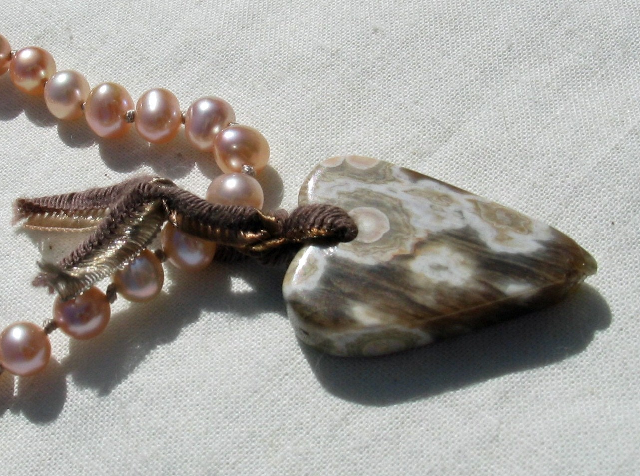 Ocean Jasper Heart Pendant Necklace on strand of pink pearls
