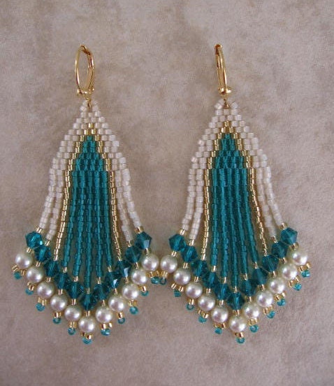 Seed Bead Earrings - Beadwork - Zircon/Teal