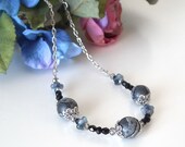 Gray Polymer Clay Beaded Necklace, Silver, Czech Glass, Crystals