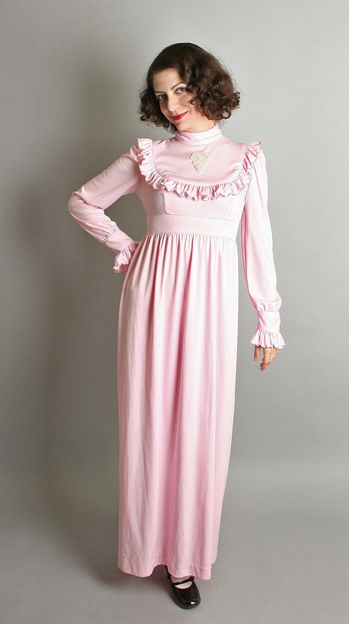 1970s Pink Maxi Dress Pastel Vintage Dolly Dress Gown - Small Sweetheart Spring Fashion Flounce