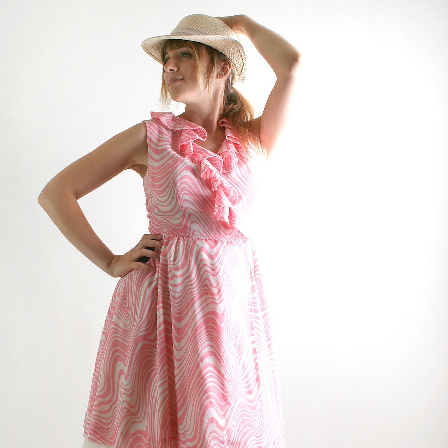 1960s Vintage Dress - Bubblegum Pink and White Zebra Print Sleeveless - Medium Spring Dress
