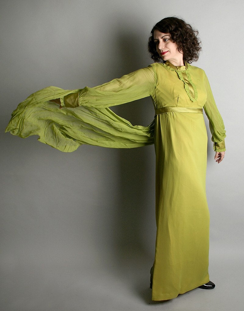 Vintage 1960s Cocktail Maxi Gown Olive Green Flowing - Small