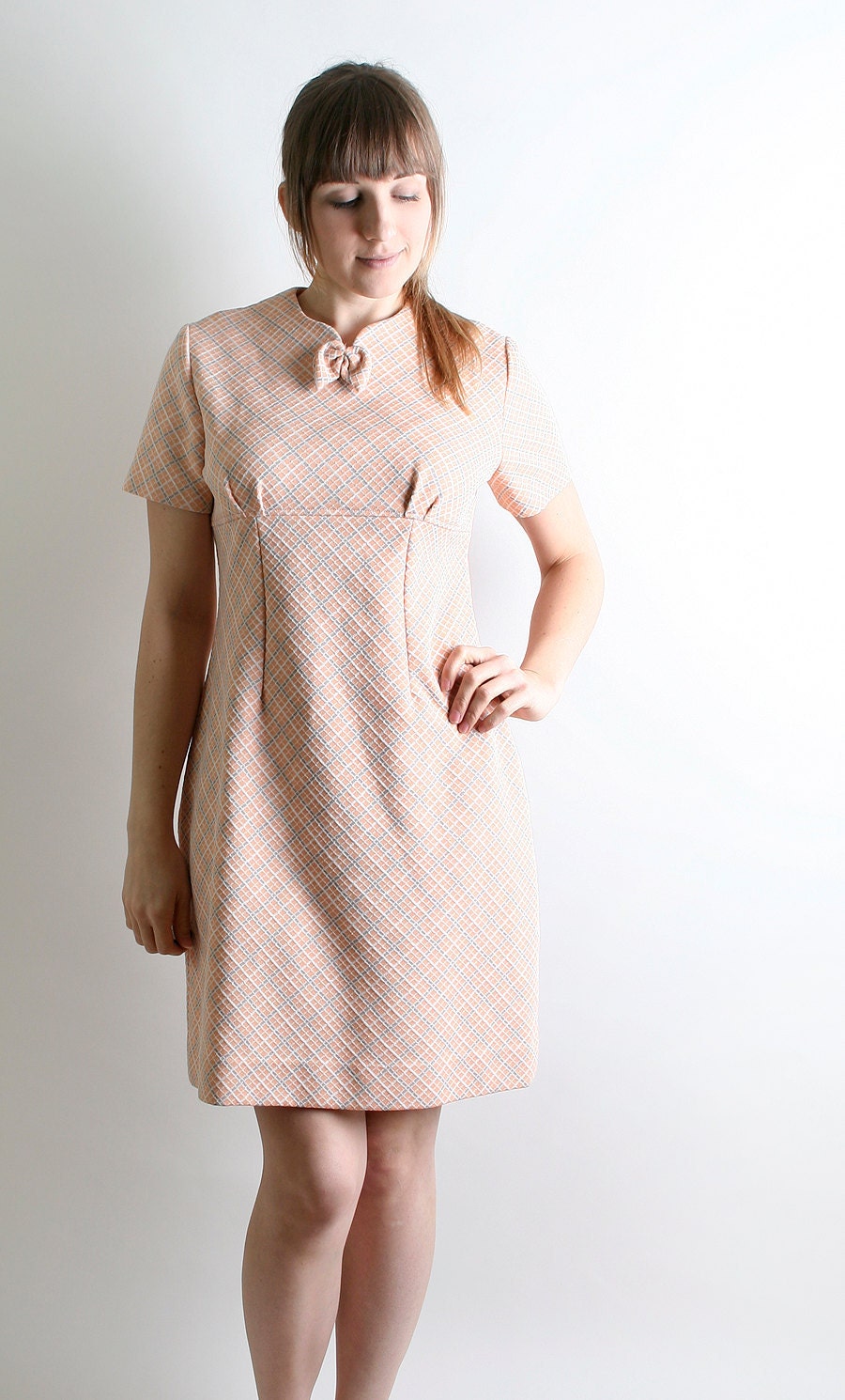 Vintage 1960s Dress - Pale Plaid Blush Pink - Medium
