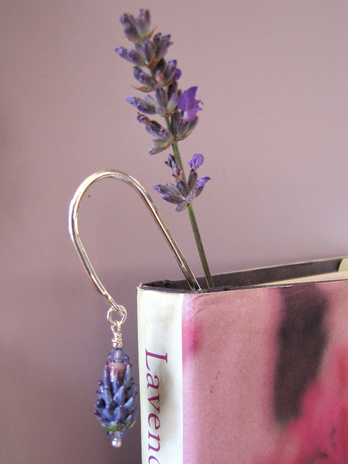 Handmade Lavender Glass Bead Bookmark with Dried Lavender Sachet Buds