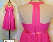 Vintage T Back Mini Dress S - Hot Pink Chiffon - Halter Back - Bow Trim