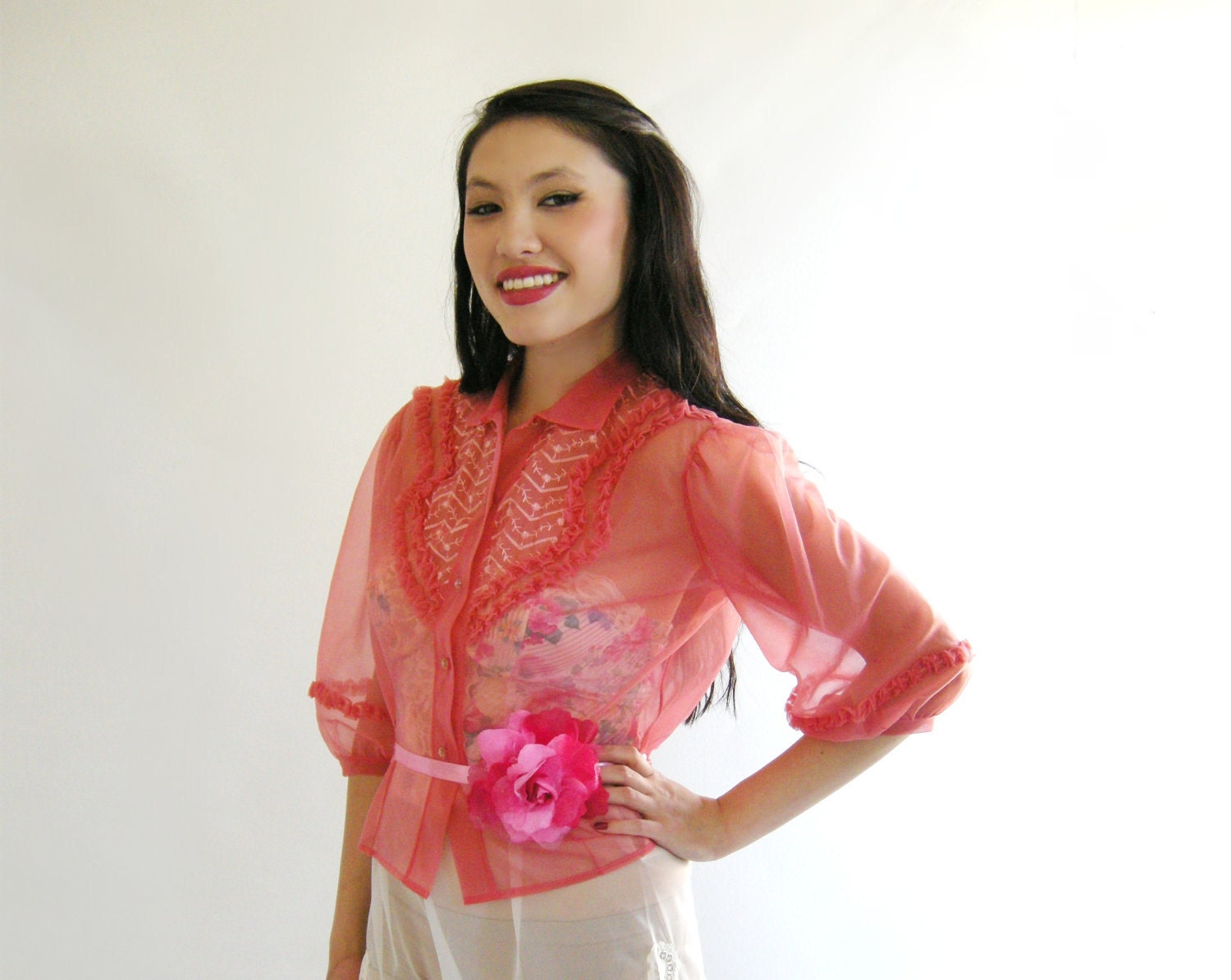CORAL Rose Pink Sheer Nylon Vintage 40s 50s Blouse Ruffles Puff Sleeves S M