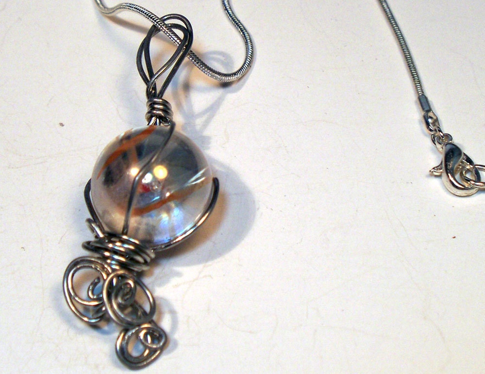 Clear Marble Silver Wire Wrapped Necklace