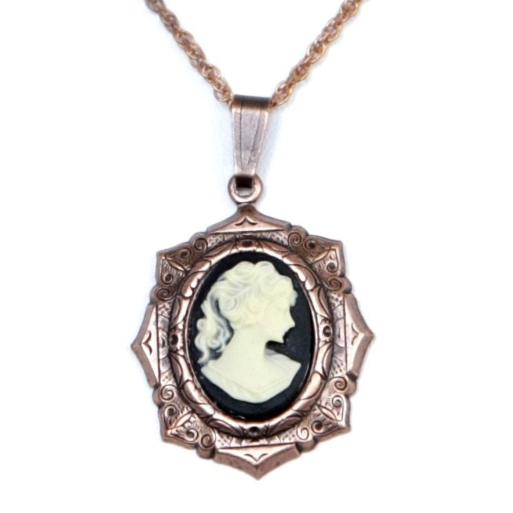 Steampunk Gothic Lolita Neo-Victorian Antiqued Copper Art Deco Necklace with Cameo by Velvet Mechanism