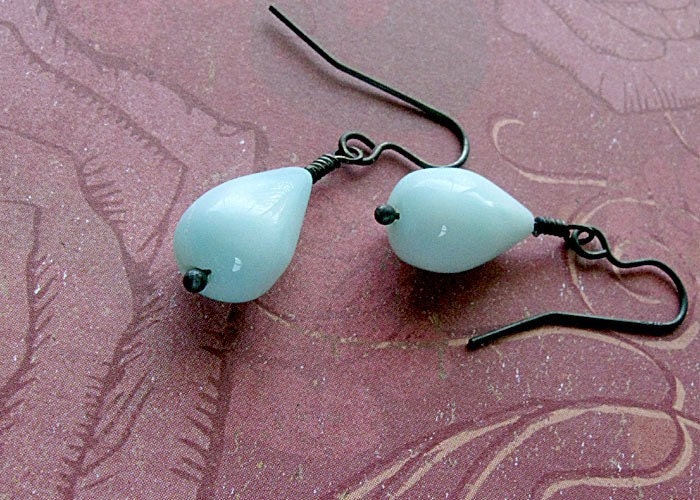peruvian blue opal earrings, oxidized sterling silver, gemstone drop earring, teardrop earrings