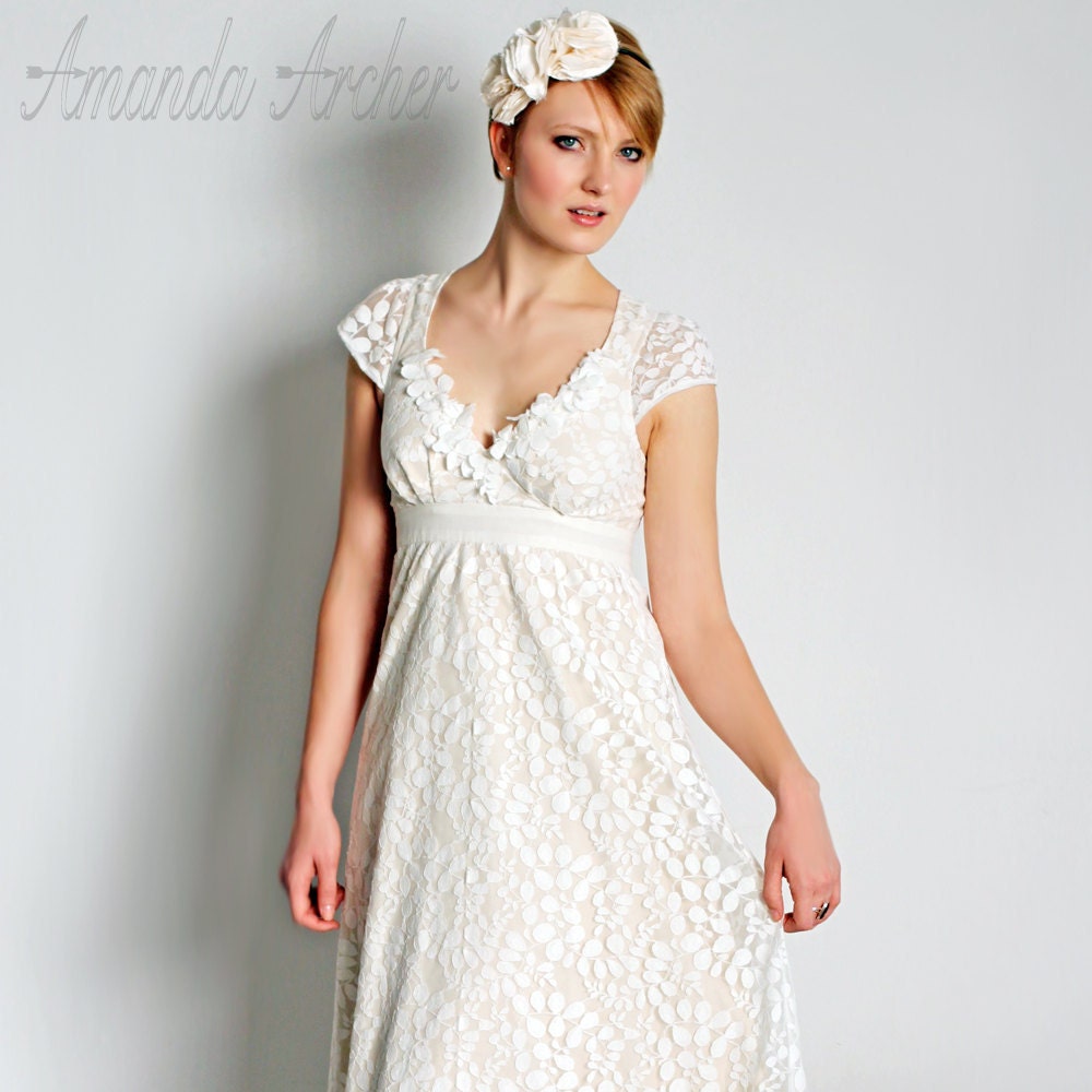 Ivory Lace Wedding Gown with Cap Sleeves, Made to Order