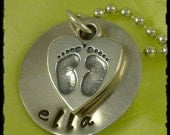 Hand Stamped Necklace - BABY Birth Adoption Personalized Custom Sterling Silver Jewelry Baby Feet Heart by RoseCreekCottage