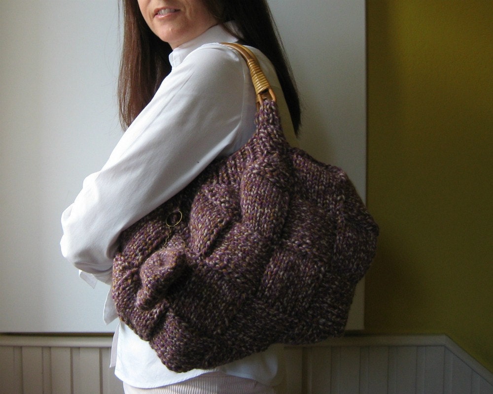 Handbag Knitted in Tweed Lavender with Rattan Handles