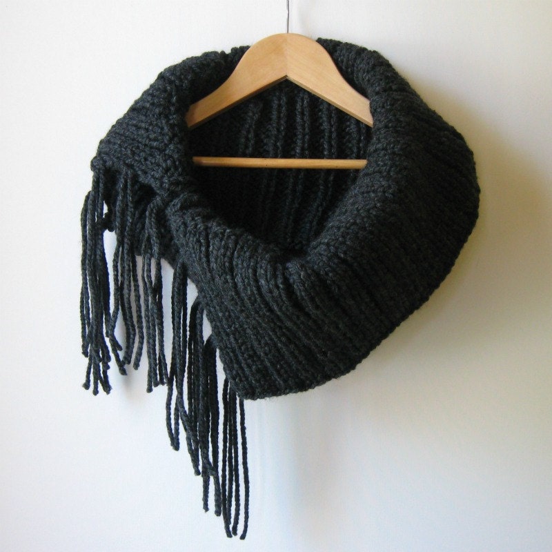Chunky Cowl with Fringes Hand Knitted in Charcoal