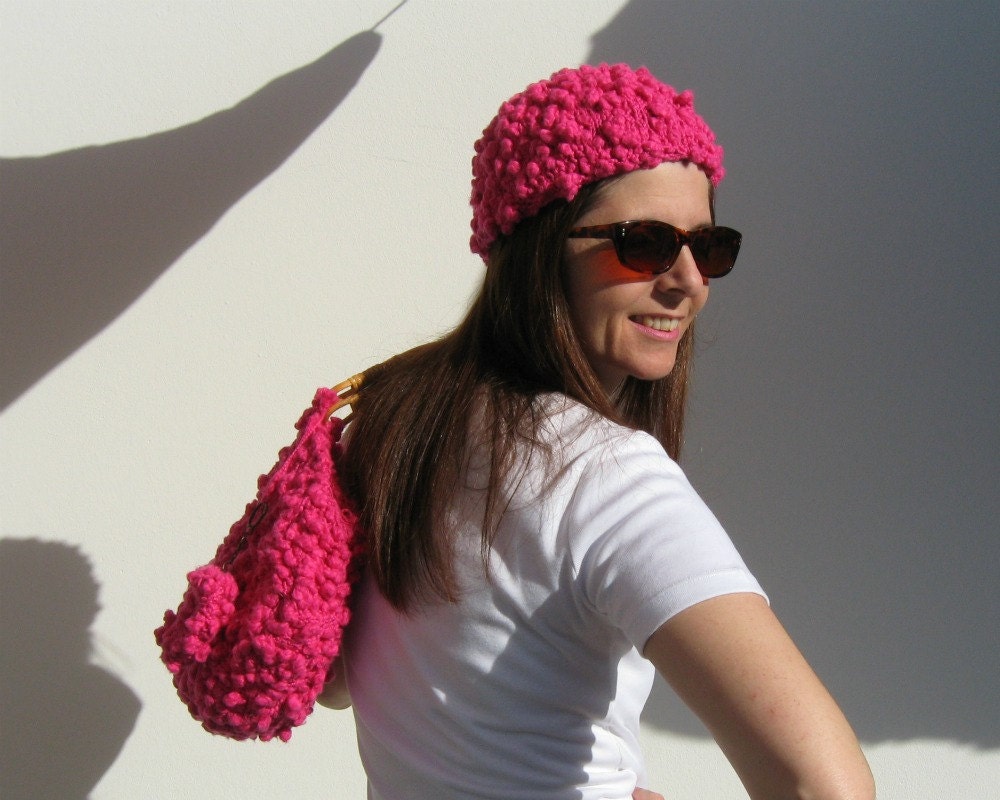 Tuque Hat Knitted in Magenta Cotton