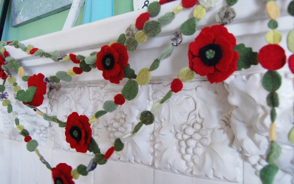 perfect wedding decor - 2 felted red poppy garlands total of 20 feet - special price