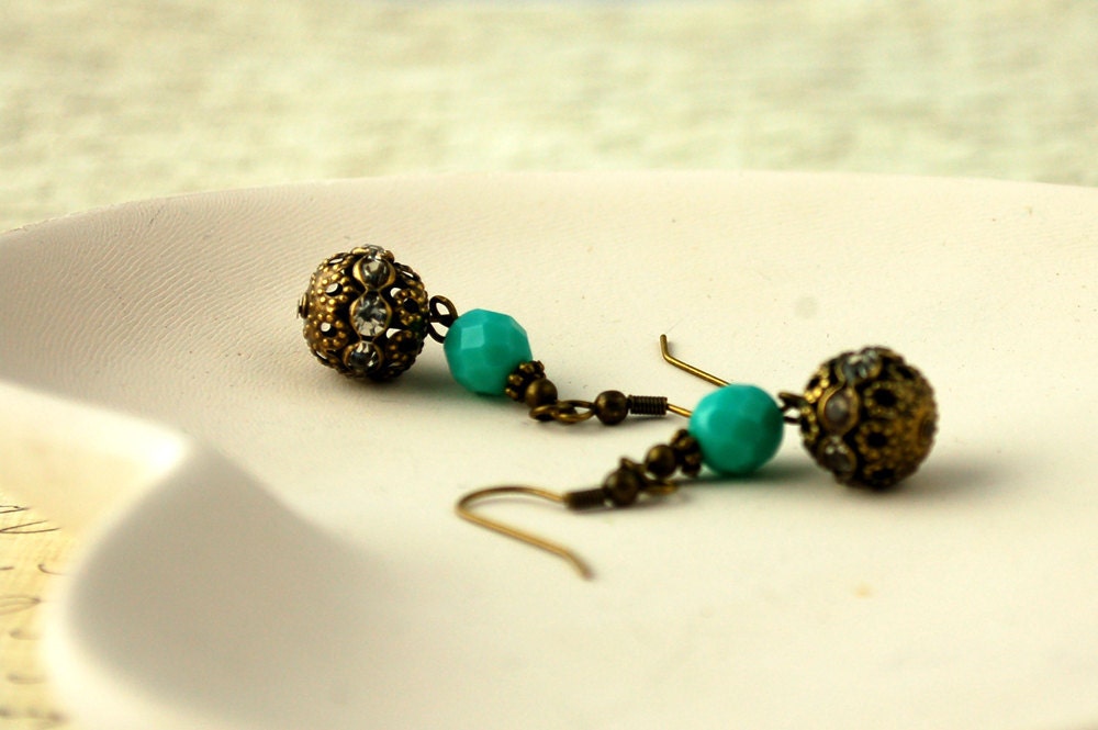 Aqua and Antique Gold Rhinestone Earrings Buy 3 Get 1 Free