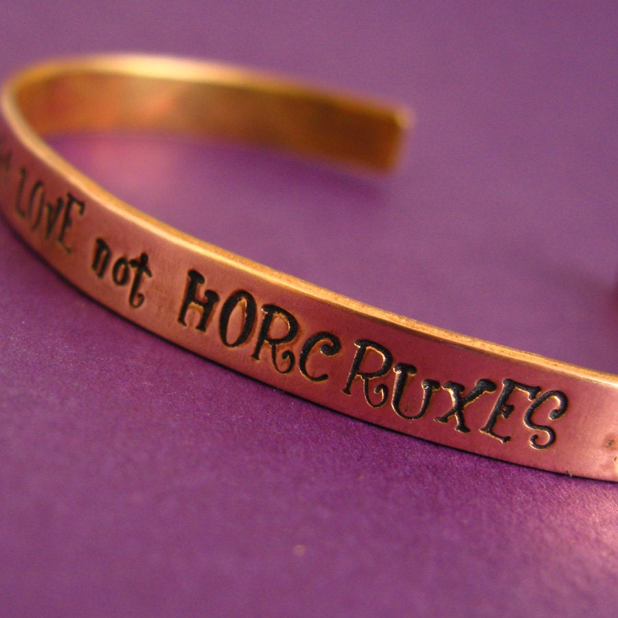 Harry Potter Bracelet- Make Love Not Horcruxes -Hand stamped cuff bracelet