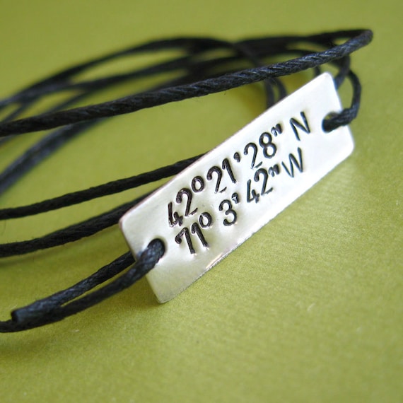 Latitude and Longitude bracelet -customized- aluminum & cotton cord- tied on