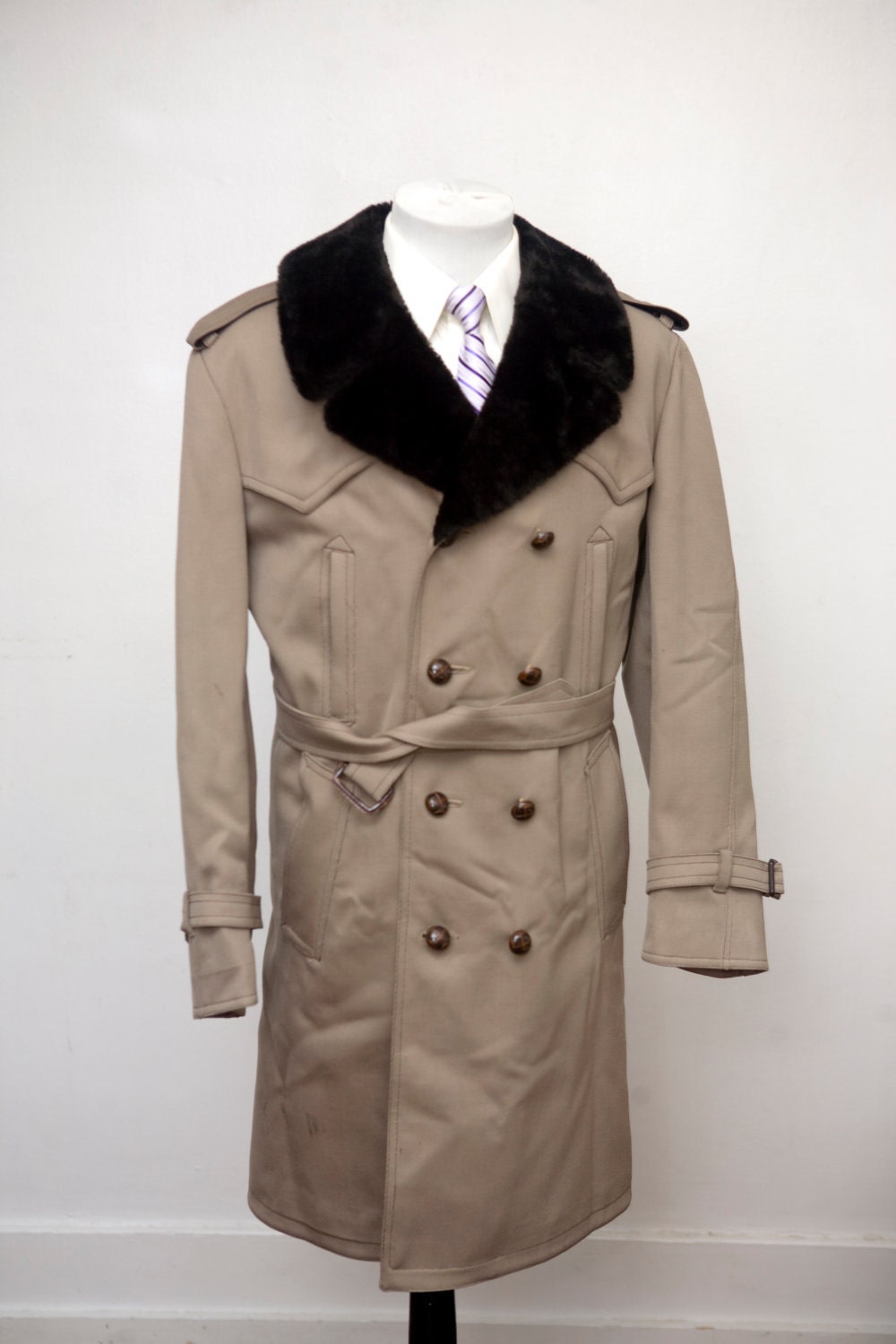Size 44 Vintage Gabardine Overcoat with Faux Fur Collar