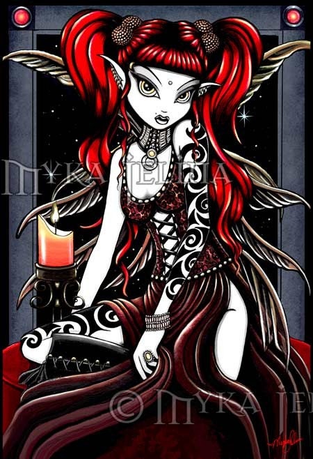 Terra Gothic Red Tattooed Tribal Fairy Art 13 X 19 inch BIG PRINT by Myka Jelina
