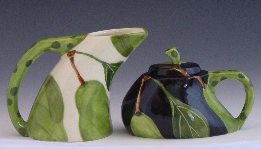 Modern Botanic Cream & Sugar - Pear Funky Cream and Sugar Set - Handpainted Green Pear Pottery Serving Home Decor Tea Lover Gifts   P-374