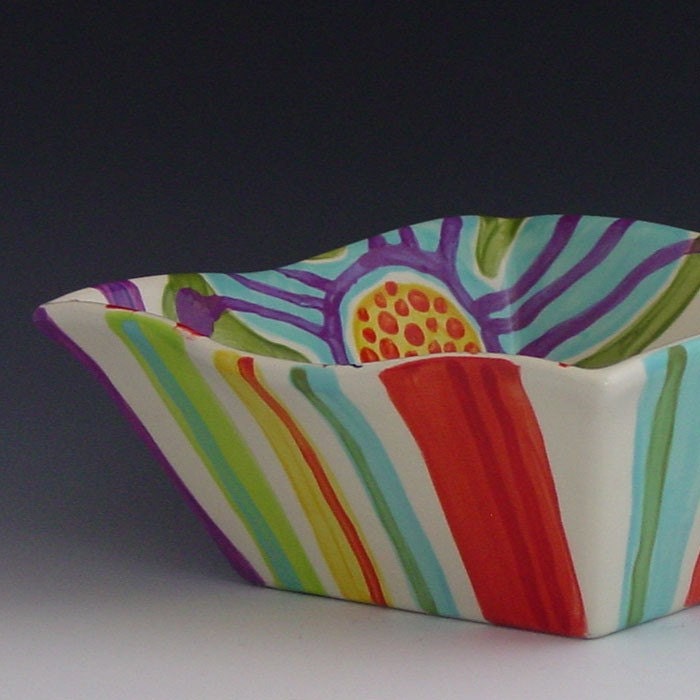 Large Square Bowl - Jubilation Large Flareware Bowl - Colorful Joyful Pottery Serving Bright Home Decoration or Gift Giving  J-217