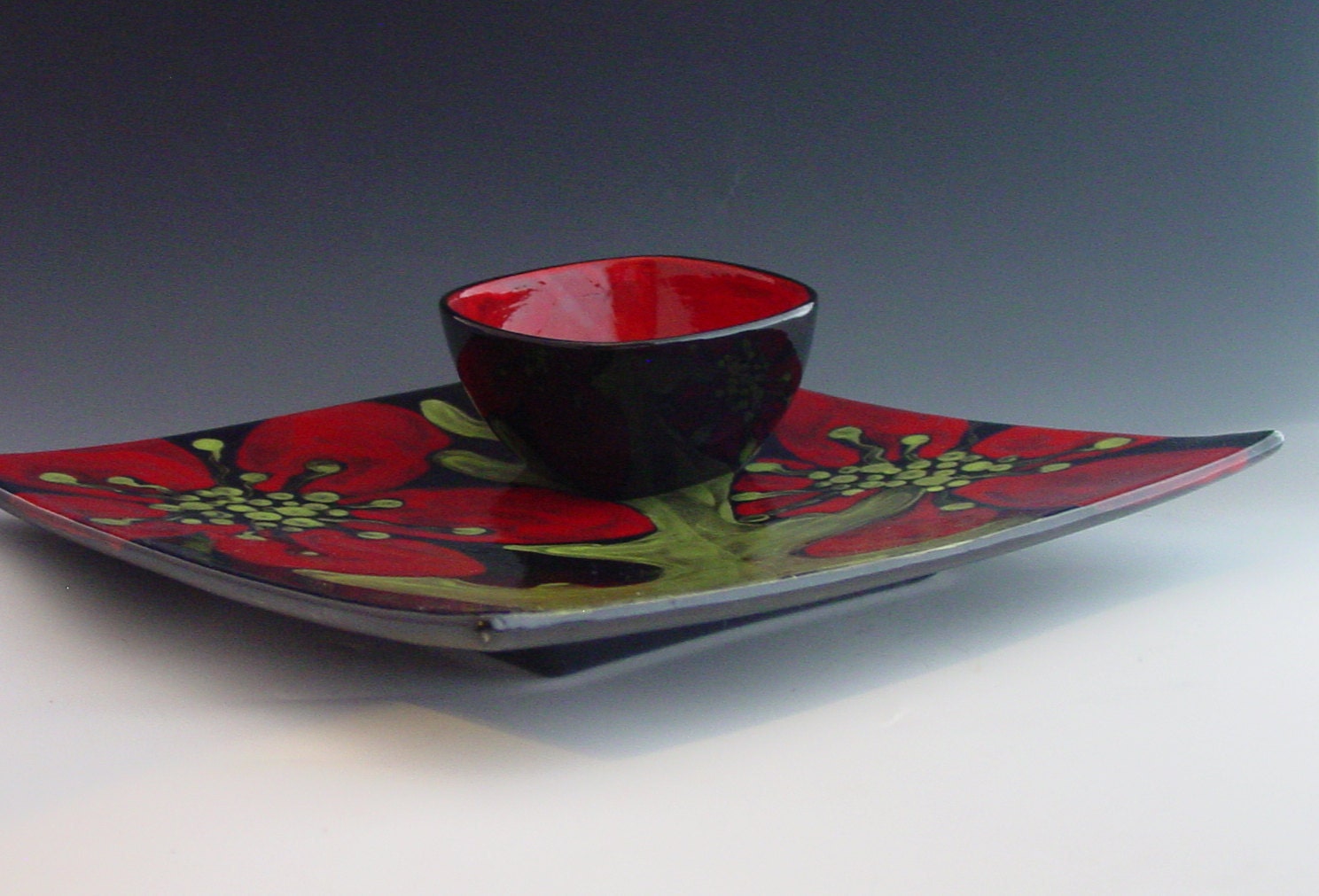Serving Tray Set - Red Poppy Large Square Sushi Tray & Dip Bowl Set - Colorful Pottery Kitchen Serving Home Decor Gifts   RP-168, RP-260