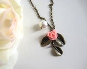 Nature Garden Inspired Vintage style Pink lace rose on branch of Leaves, White swarovski pearl Necklace Floral Jewelry