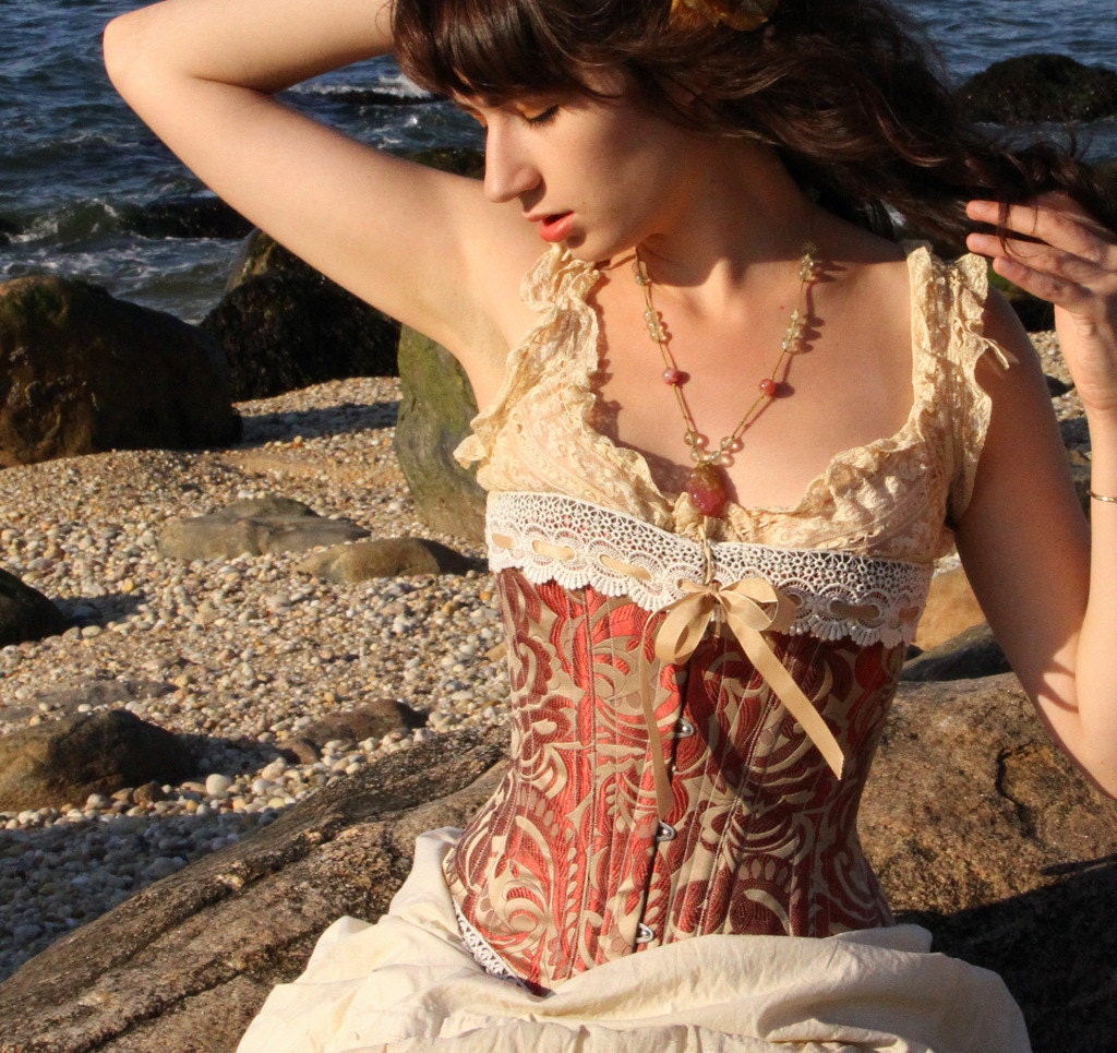 Bronze Steampunk Corset- Brocade Silk- Steampunk Wedding- Lingerie
