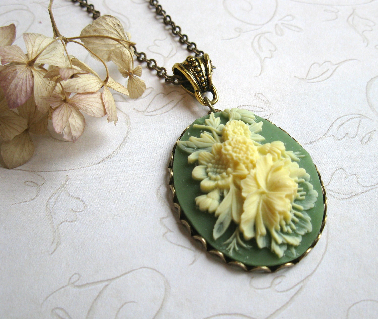 Vintage Green Cameo Necklace with long chain - sage green with ivory rose - large pendant