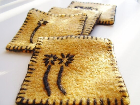 Felted coasters from upcycled wool sweater, Golden yellow and black, Embroidered Set of 4