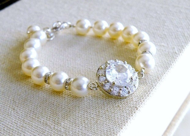 Bridal CZ Bracelet Round Cubic Zirconia and Ivory Swarovki Pearls Vintage Inspired Sterling Silver Bracelet - Cynthia B3 Wedding Jewelry