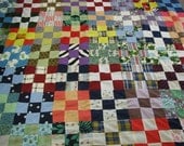 Nine Patch Quilt, 1960's Vintage Unfinished Patchwork Quilt Top, Retro 60's Arts & Crafts Fabrics, Americana, Primitive, Hand Quilted Texana