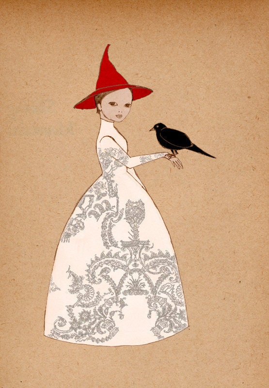 Halloween Art Crow Girl, Deluxe Edition Print of original drawing
