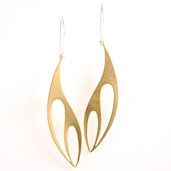 Modern gold earrings - cut brass - simple - long