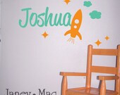 Rocket Wall Decal with Name - Spaceship Outerspace Stars Clouds - Bedroom Vinyl Wall Art Room Decor Sticker - CM102