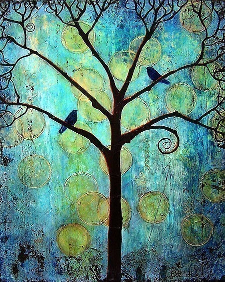 Tree of Life Art Print Twilight Circles Birds Blue 8X10