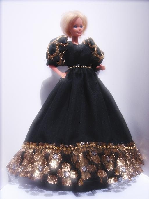 Barbie style floor length full skirt gown OOAK Black and Gold with ruffle and pearl-like trims