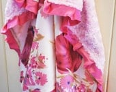 The ANNA BABY BLANKET...... Pink floral satin print with Pink minky swirls and Hot Pink ruffled trim.... Baby mini blanket