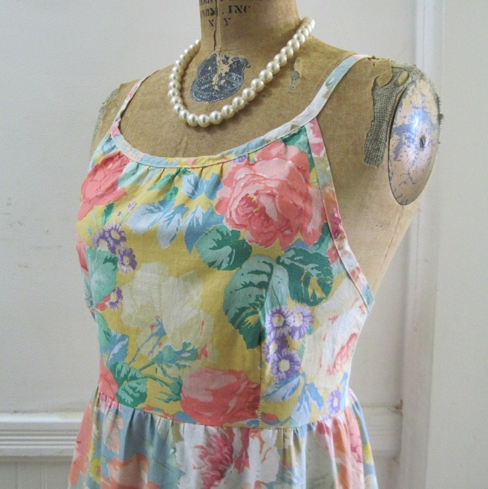 1980s Romantic Cotton Halter Dress with Huge Rose Floral Pattern and Tiers of Ruffles - vintage size large, fits like medium, m/l