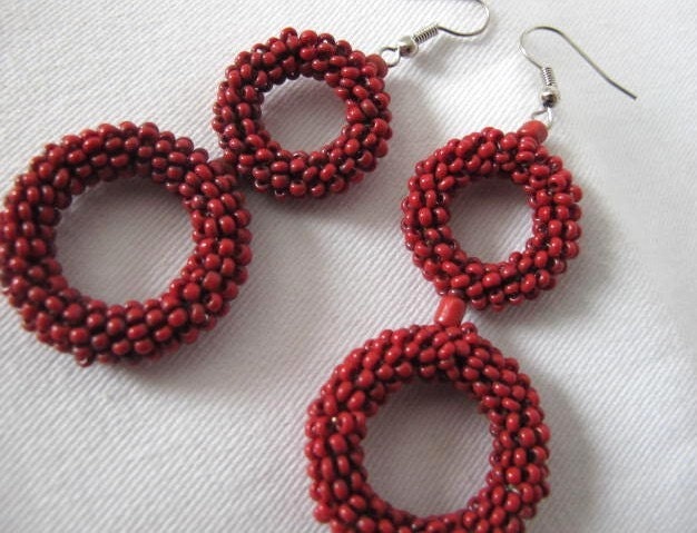 Double beaded hoops GYPSY earrings. Deep coral red glass beads. 3 inches long