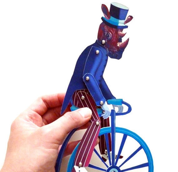 DIY Circus Rhino on Pennyfarthing Bicycle Printable PDF Paper Puppet Doll Set, for Paper Play, Retro Party, Blue, Red, Stripes