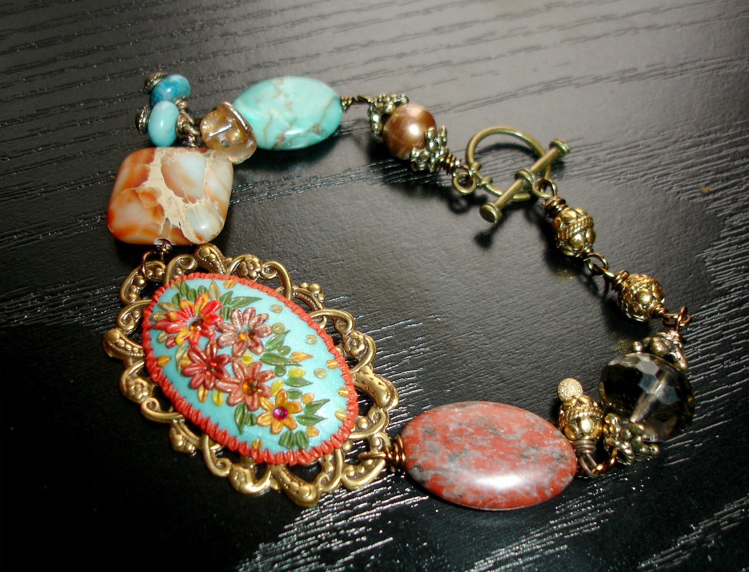 Lovely Turquoise clay, Multi Jasper ,smokey quartz and Pearl bracelet in brass -clay floral bracelet - When the Earth met Heavens ..