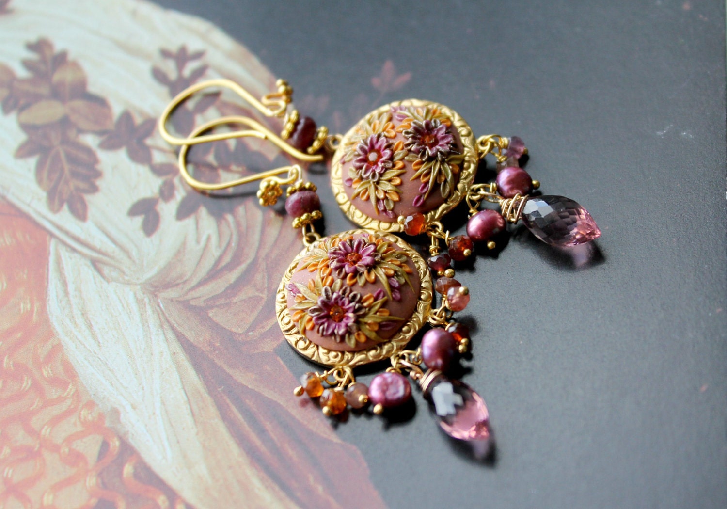 Tundra sapphire earrings with Amethyst pink Quartz and cranberry pearls in 24k vermeil -  La Donna Velata